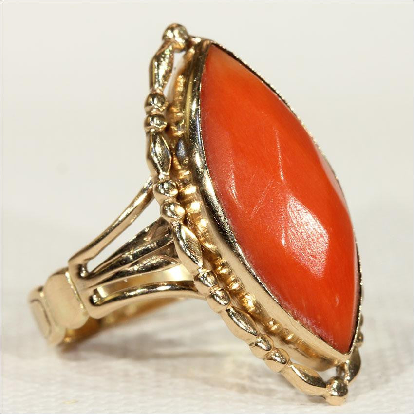 Antique Victorian Navette Shaped Coral Ring in 14k Gold