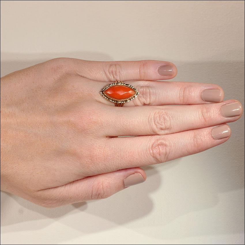 Antique Victorian Navette Shaped Coral Ring in 14k Gold