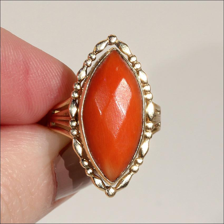 Antique Victorian Navette Shaped Coral Ring in 14k Gold