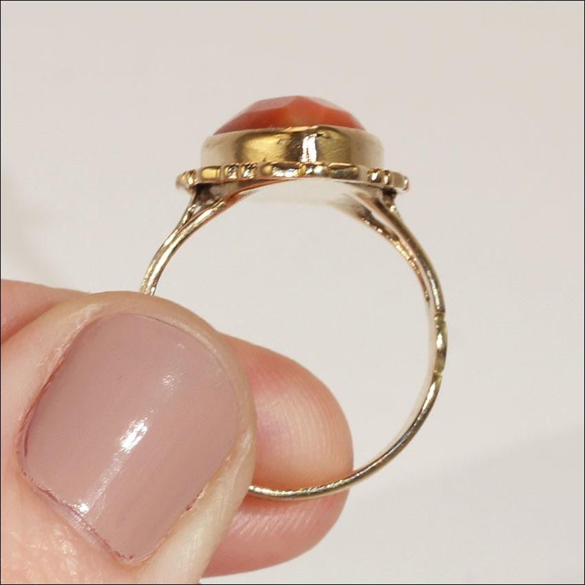 Antique Victorian Navette Shaped Coral Ring in 14k Gold