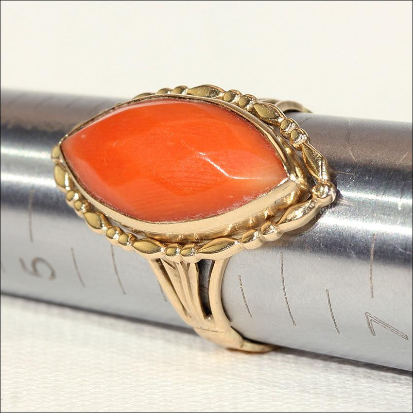 Antique Victorian Navette Shaped Coral Ring in 14k Gold