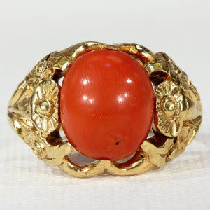 Antique Red Coral Button Ring with Floral Motif