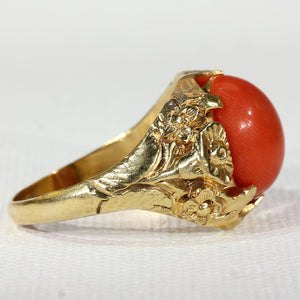 Antique Red Coral Button Ring with Floral Motif