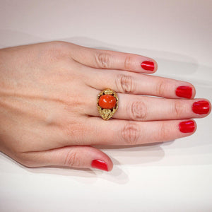 Antique Red Coral Button Ring with Floral Motif