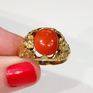 Antique Red Coral Button Ring with Floral Motif