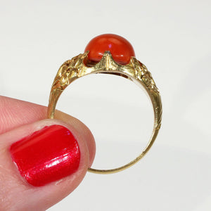 Antique Red Coral Button Ring with Floral Motif