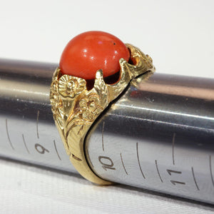 Antique Red Coral Button Ring with Floral Motif
