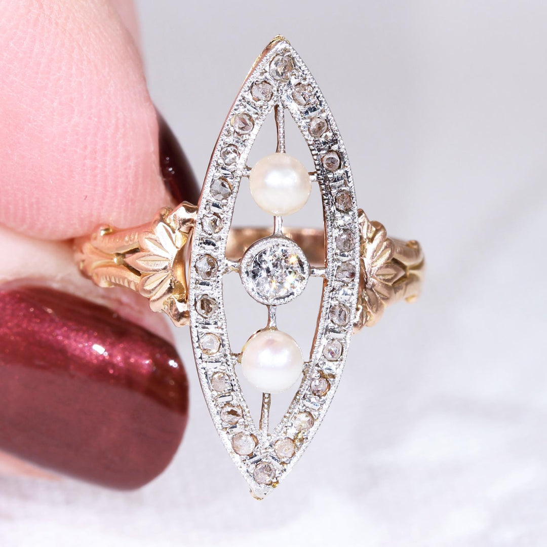 Antique French Diamond Pearl Navette Ring