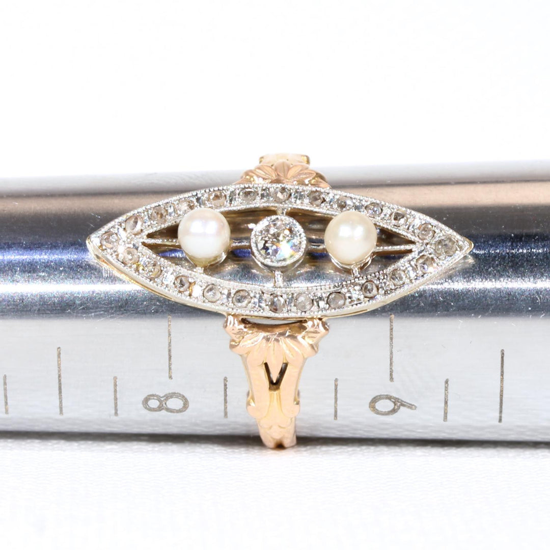 Antique French Diamond Pearl Navette Ring