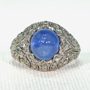 Stunning Natural Ceylon Sapphire Diamond Dome Ring Art Deco