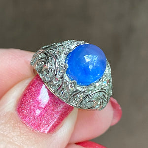 Stunning Natural Ceylon Sapphire Diamond Dome Ring Art Deco