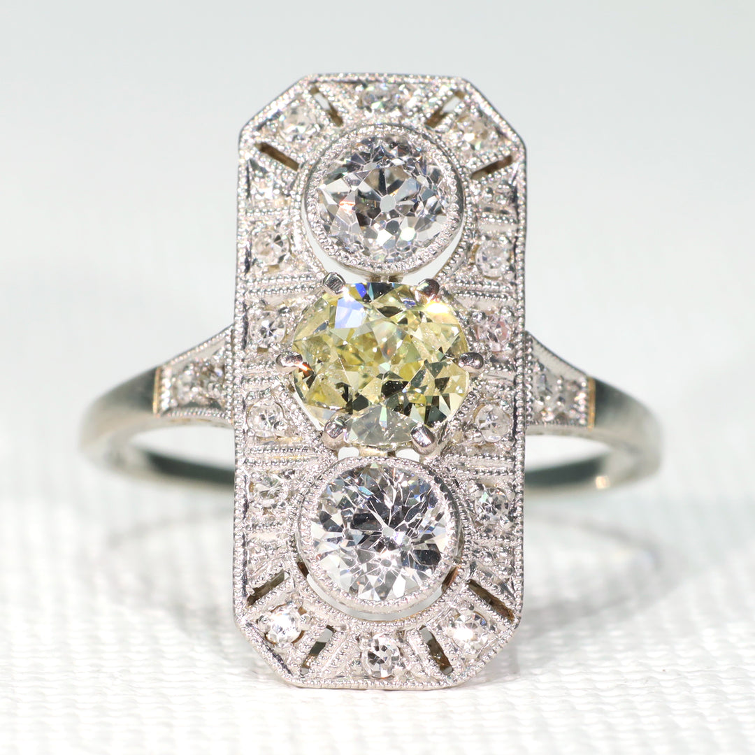 Antique Art Deco Yellow Diamond 3 Stone Ring Engagement Platinum