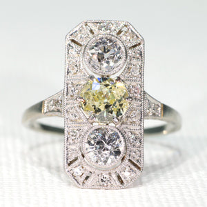 Antique Art Deco Yellow Diamond 3 Stone Ring Engagement Platinum