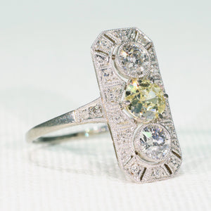 Antique Art Deco Yellow Diamond 3 Stone Ring Engagement Platinum