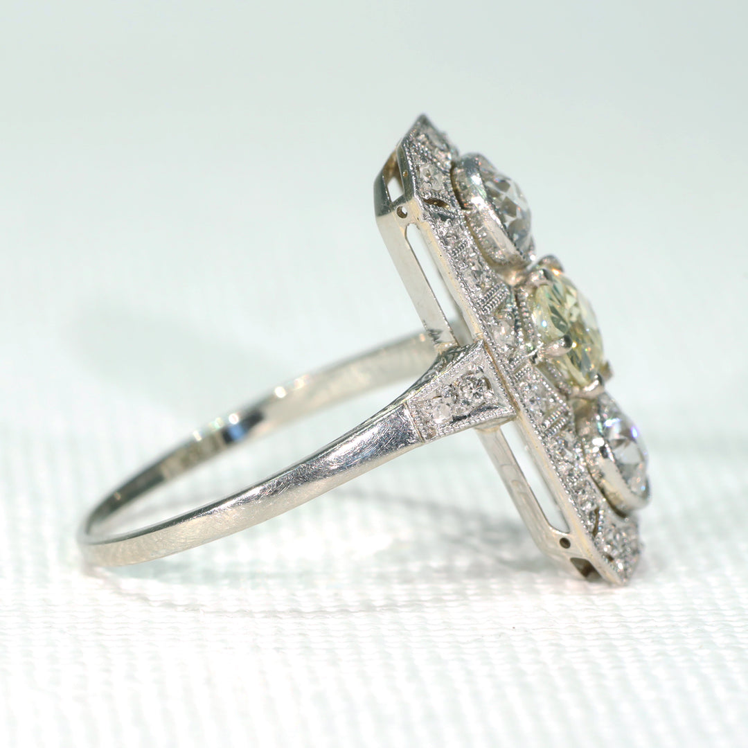 Antique Art Deco Yellow Diamond 3 Stone Ring Engagement Platinum