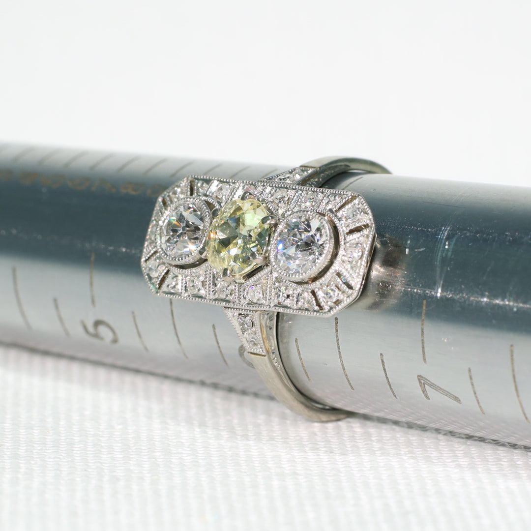 Antique Art Deco Yellow Diamond 3 Stone Ring Engagement Platinum