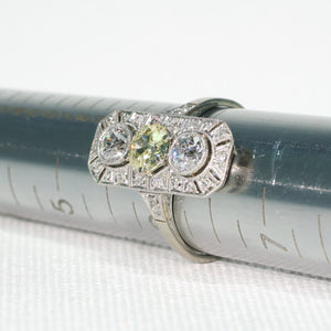 Antique Art Deco Yellow Diamond 3 Stone Ring Engagement Platinum