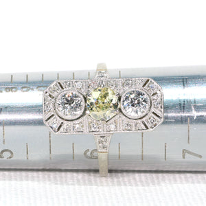 Antique Art Deco Yellow Diamond 3 Stone Ring Engagement Platinum