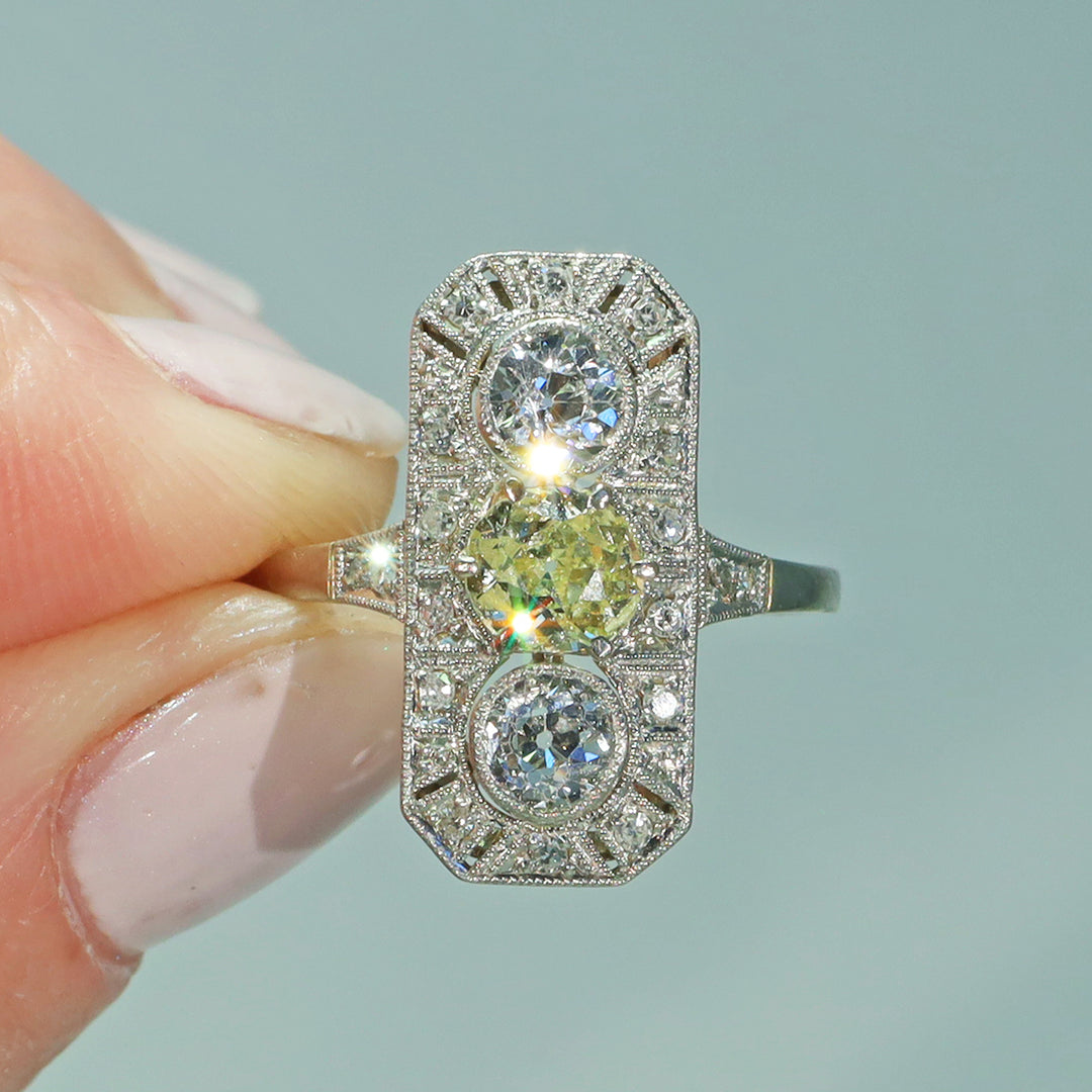 Antique Art Deco Yellow Diamond 3 Stone Ring Engagement Platinum