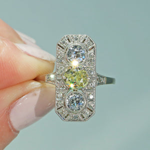 Antique Art Deco Yellow Diamond 3 Stone Ring Engagement Platinum