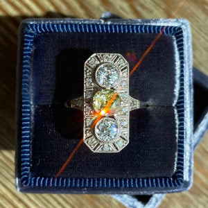 Antique Art Deco Yellow Diamond 3 Stone Ring Engagement Platinum