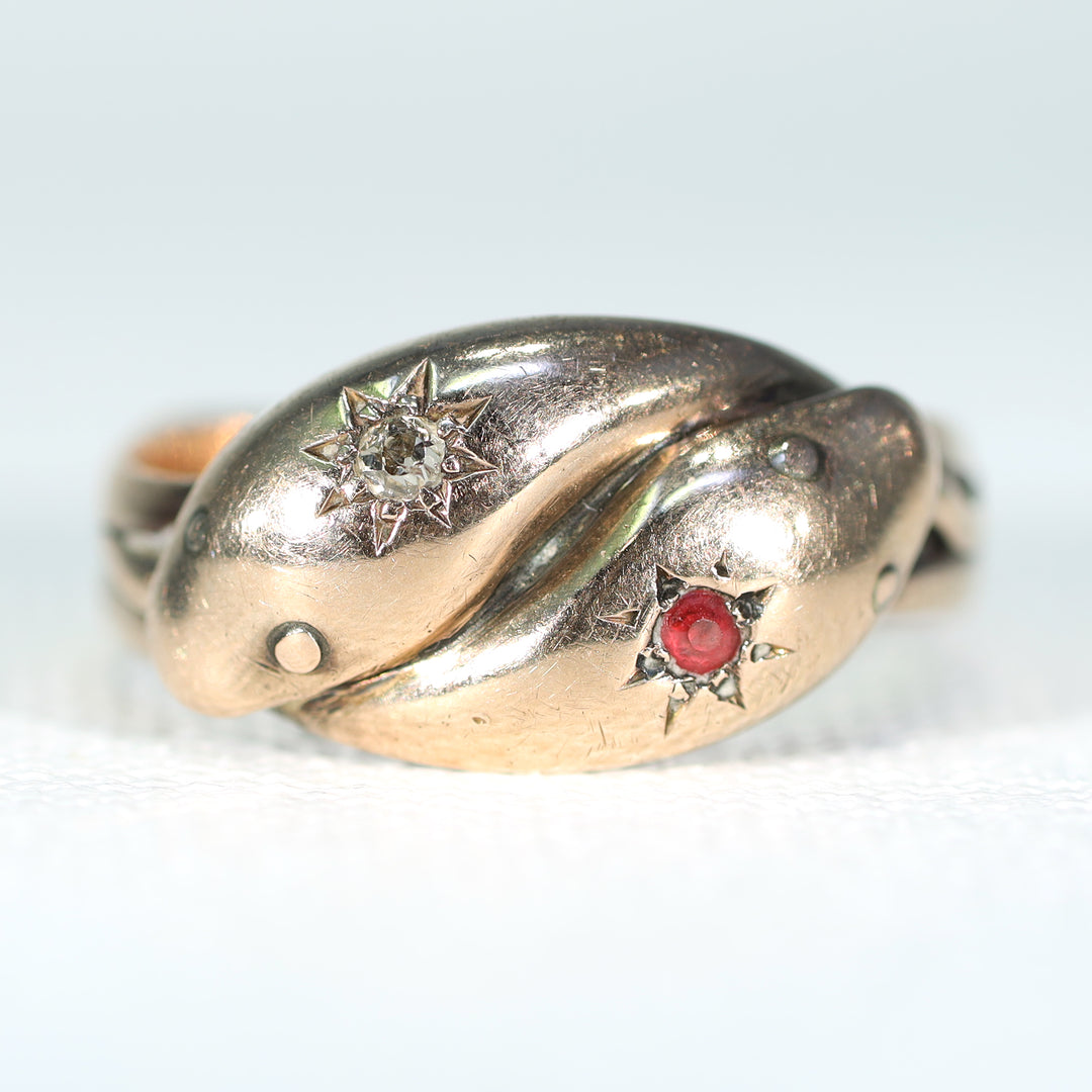 Edwardian Double Snake Ruby Diamond Ring 9k Gold 1912