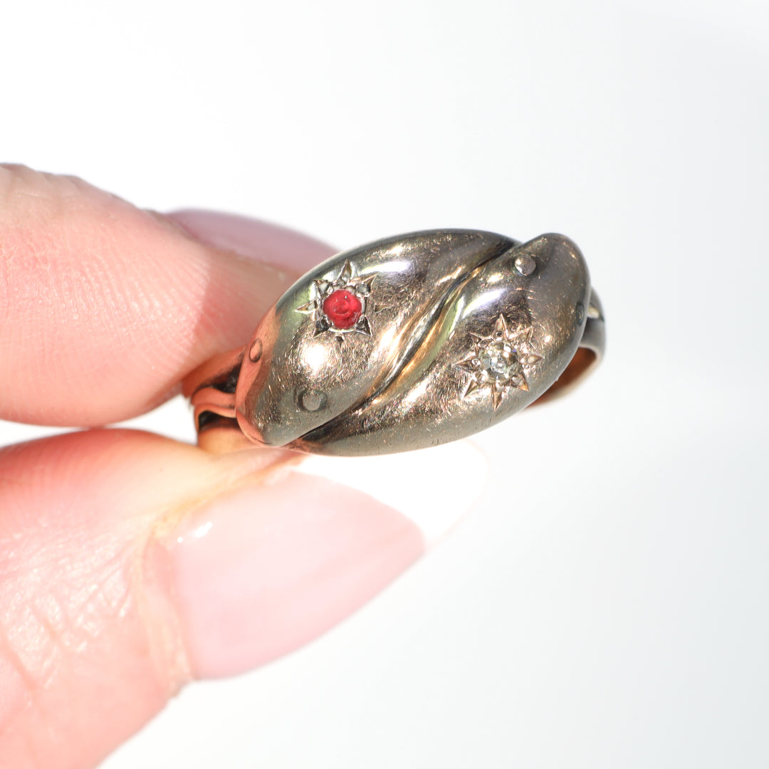 Edwardian Double Snake Ruby Diamond Ring 9k Gold 1912