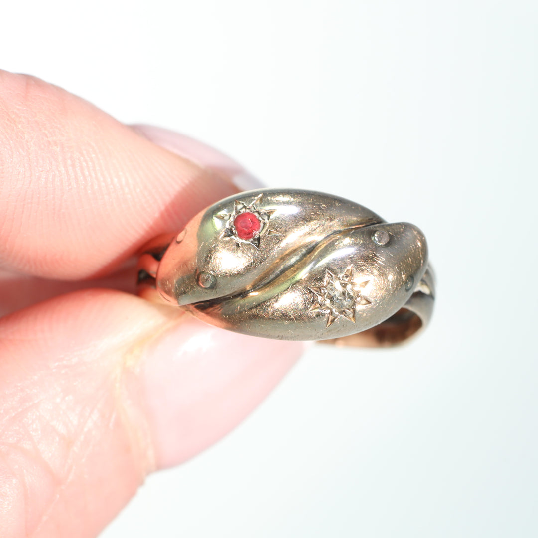 Edwardian Double Snake Ruby Diamond Ring 9k Gold 1912