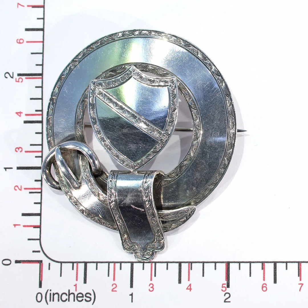Scottish Victorian Shield and Garter Silver Brooch Pin