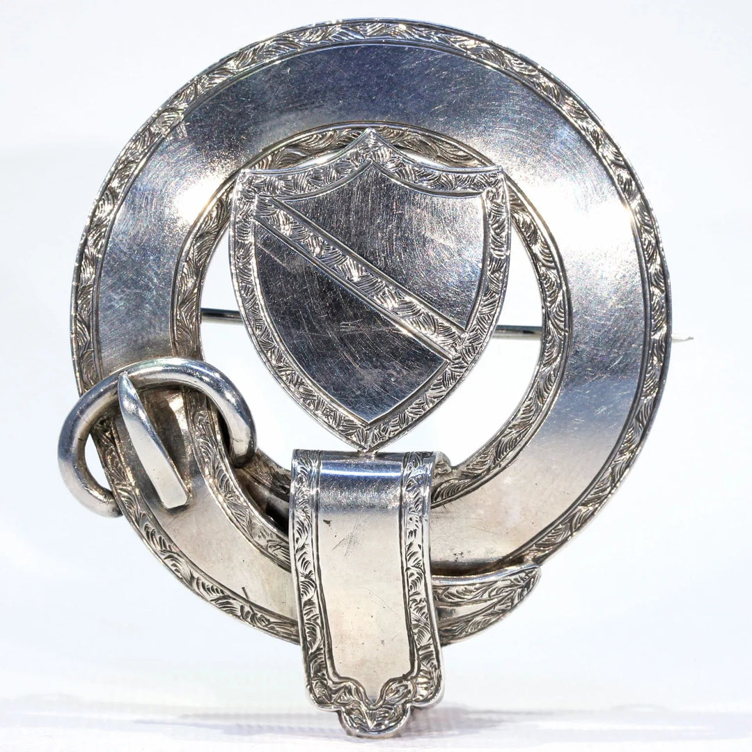 Scottish Victorian Shield and Garter Silver Brooch Pin