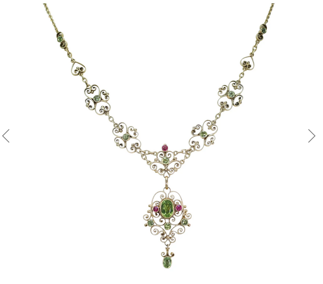 Suffragette Necklace Murrle Bennett and Co. 15k Gold Peridot Ruby Edwardian