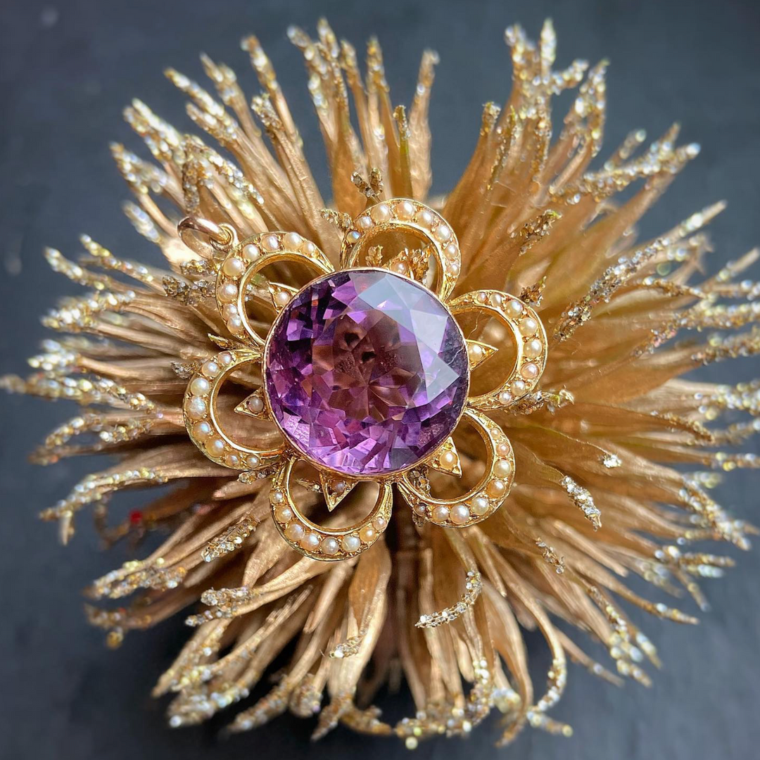 Antique Victorian Amethyst Pearl Pendant 15k Gold