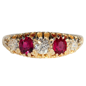 Antique 5 Stone Ruby and Diamond Ring in 18k Gold, Edwardian