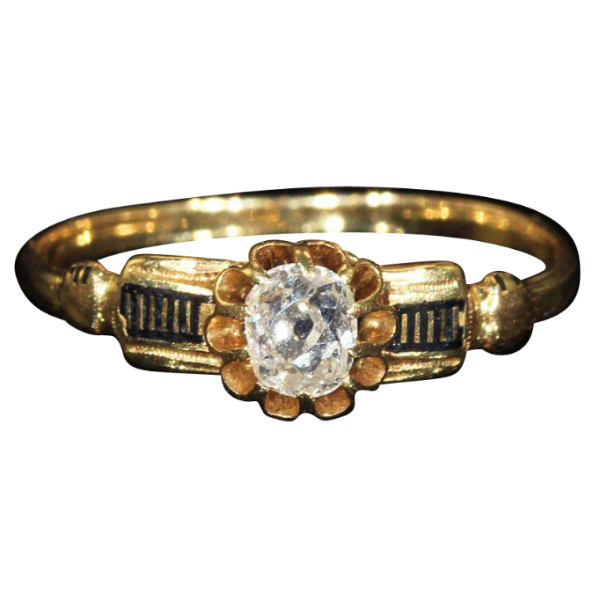 Antique French Diamond Ring with Black Enamel Accents, 18k Gold