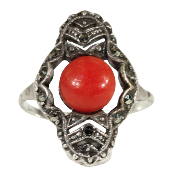 Fantastic Vintage Coral and Marcasite Art Deco Ring in Sterling Silver