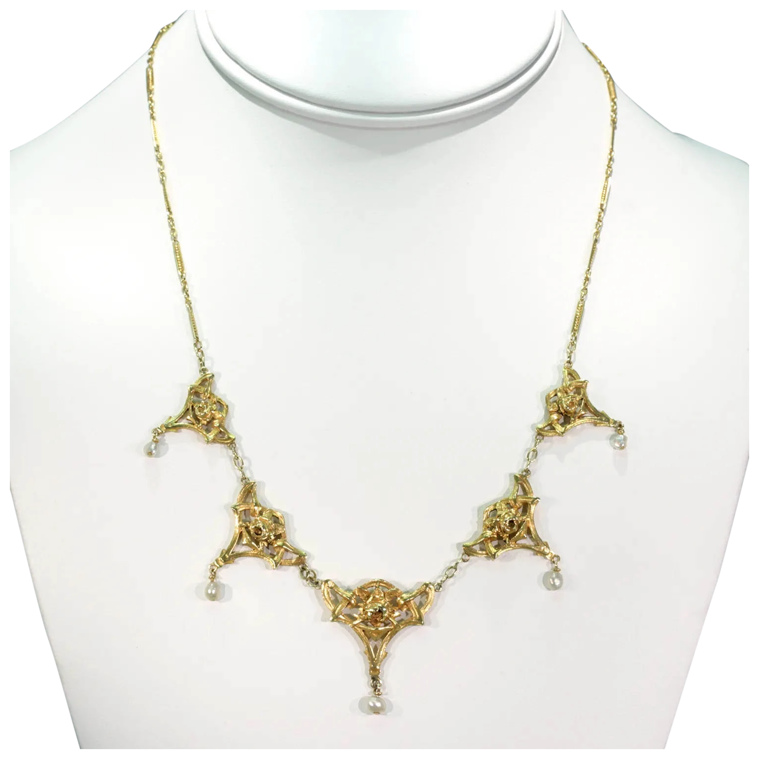French Art Nouveau Pearls Roses Necklace 18k Gold 