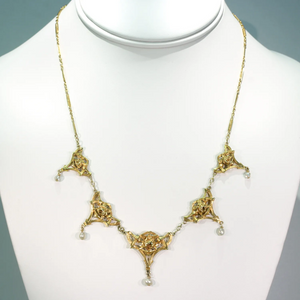 Stunning French Art Nouveau Pearls Roses Necklace 18k Gold Heavy