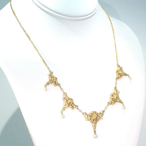 French Art Nouveau Pearls Roses Necklace 18k Gold 