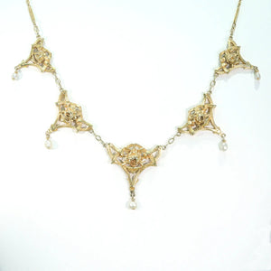 French Art Nouveau Pearls Roses Necklace 18k Gold 