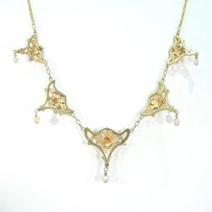 Stunning French Art Nouveau Pearls Roses Necklace 18k Gold Heavy