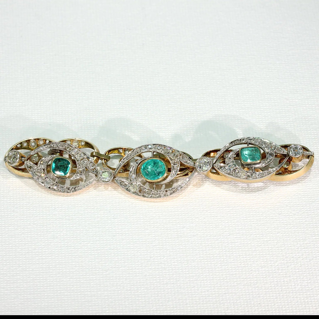 Stunning French Edwardian Emerald Diamond Bracelet 18k Gold Platinum