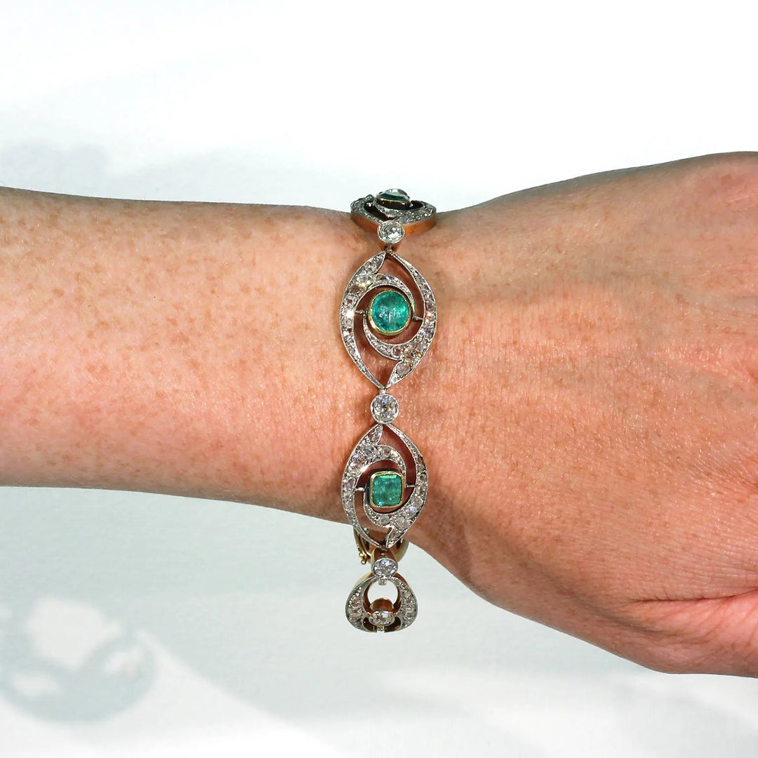 Stunning French Edwardian Emerald Diamond Bracelet 18k Gold Platinum