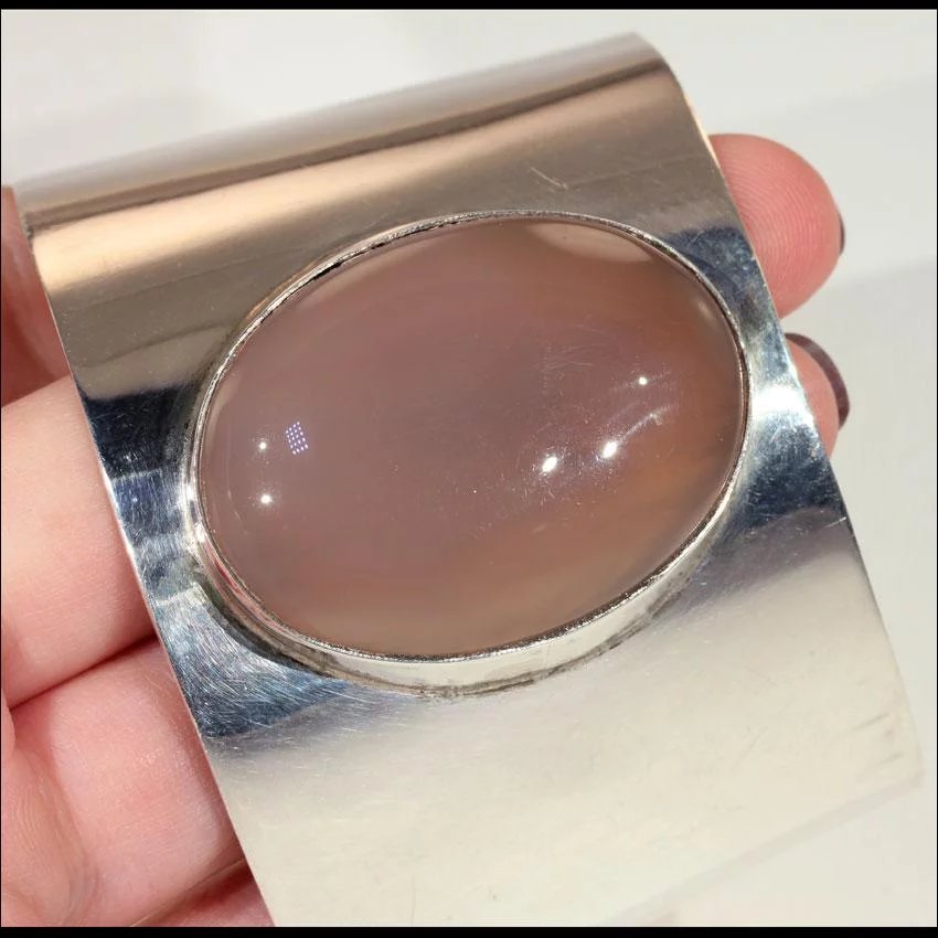 Stunning Large Vintage Sterling Silver and Agate Cuff Bracelet