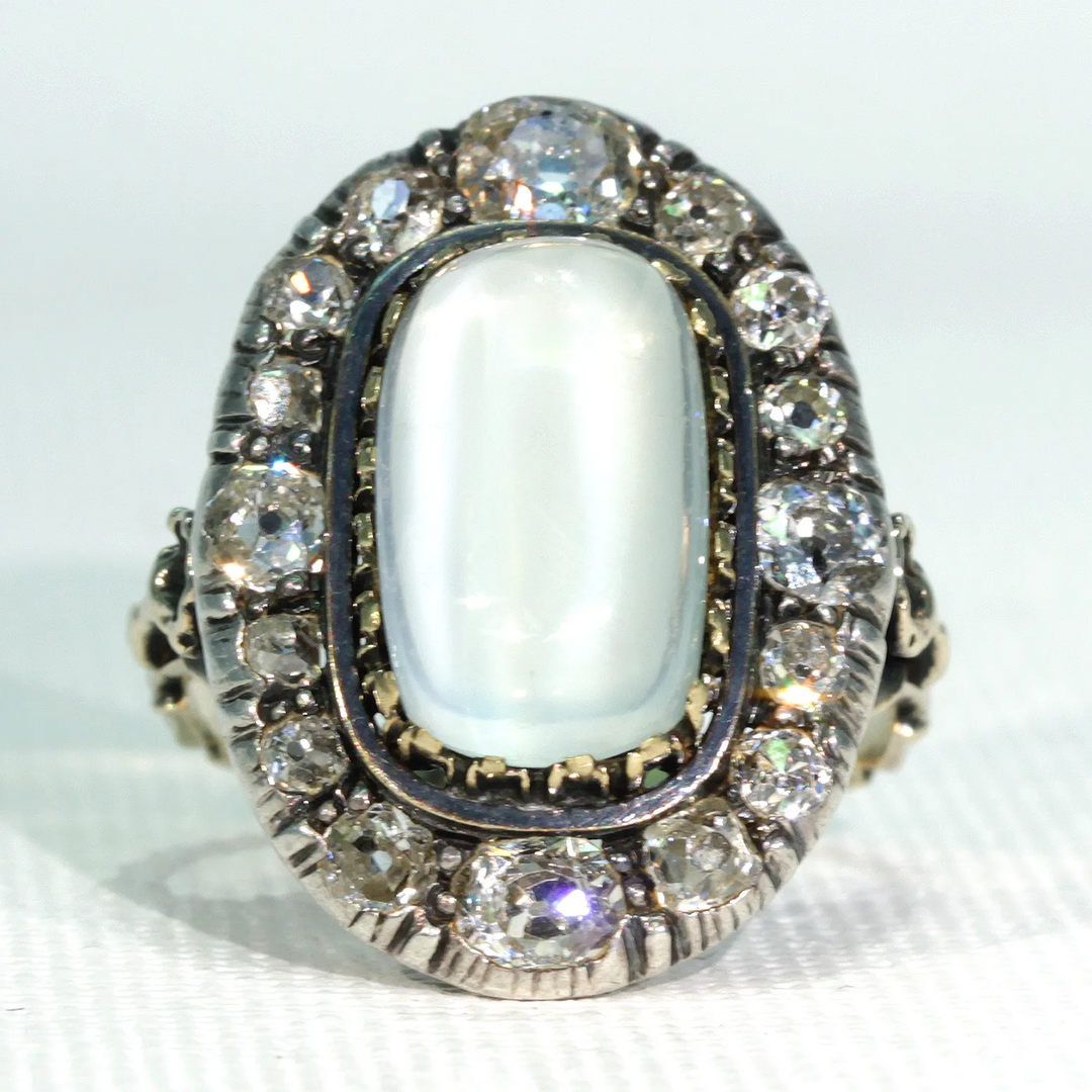 Stunning Victorian Diamond Moonstone Cluster Ring 15k Gold Silver
