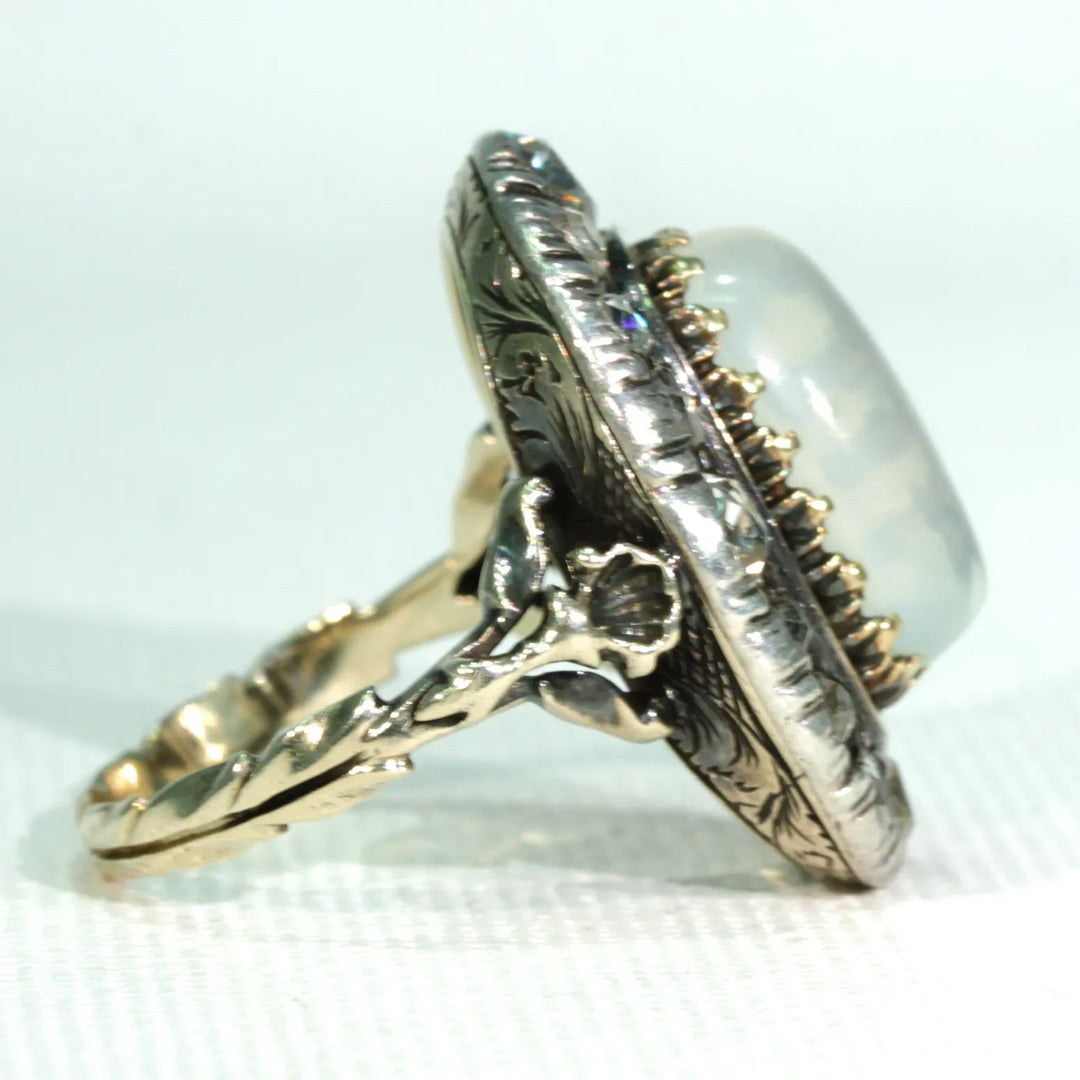 Stunning Victorian Diamond Moonstone Cluster Ring 15k Gold Silver