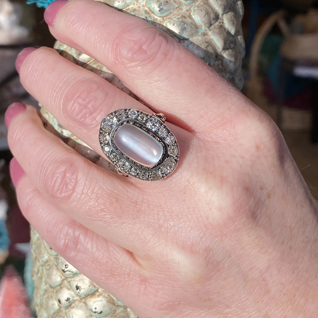 Stunning Victorian Diamond Moonstone Cluster Ring 15k Gold Silver
