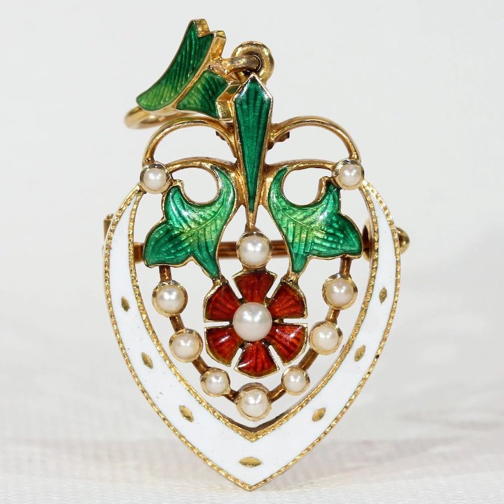 Stunning Victorian Enameled Heart Rose Pendant Brooch Pin