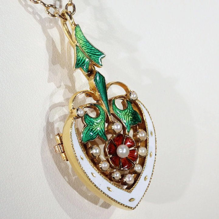 Stunning Victorian Enameled Heart Rose Pendant Brooch Pin