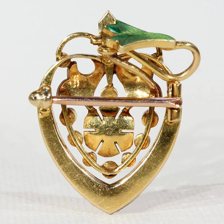 Stunning Victorian Enameled Heart Rose Pendant Brooch Pin
