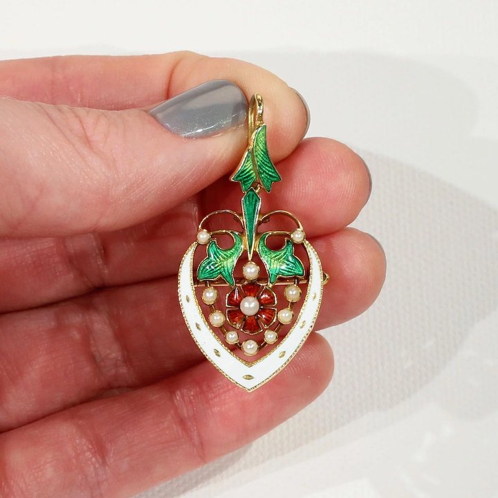 Stunning Victorian Enameled Heart Rose Pendant Brooch Pin